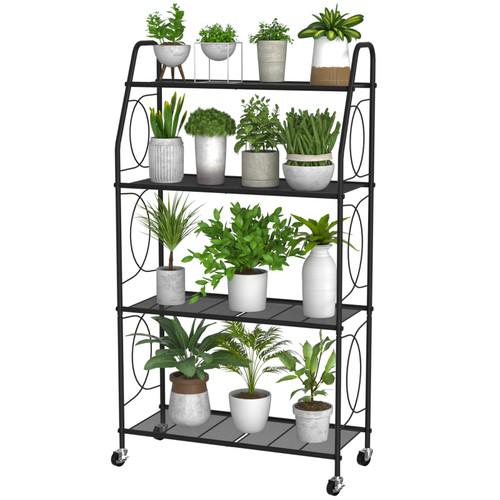 VyGrow 4 Tier Plant Stand with Wheels, Plant Shelf for Indoor Outdoor, Heavy Duty Metal Tall Plant Stands Holder Rack for Living Room Balcony and Garden, Black