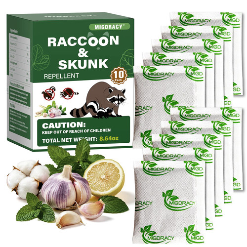 Raccoon Repellent Pouches, Skunk Deterrent Pouches, 10 Pack Peppermint Oil to Repel Raccoons and Skunks, Keep Raccoons and Skunks Away from Yard and Garden, Outdoor Use