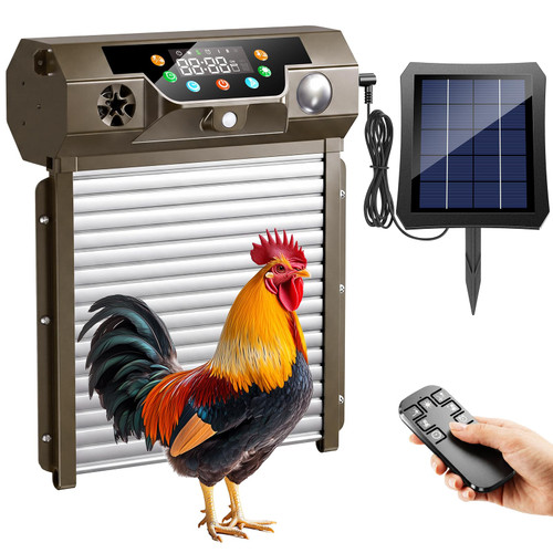 Automatic Chicken Coop Door Solar Powered, Roll-Up Chicken Door with Timer & Light Sensor, Anti-Pinch Safety Auto Chicken Door with Remote Control, Weatherproof Aluminum Coop Door (Light Brown)