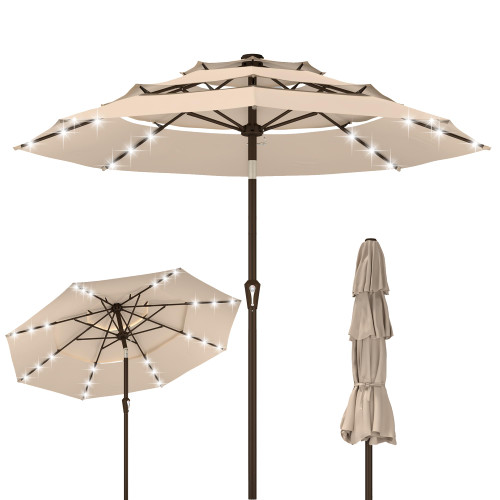 Kingdura 9ft 3-Tier Patio Umbrella with Solar Lights, Table Umbrella Outdoor Patio with Easy Crank & Tilt, 8 Sturdy Ribs, UV Protection, 32 LED Lights for Deck, Poolside, Market (Beige)