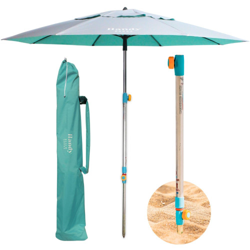 Handy Beach Umbrella with 10 Second Easy Setup Hammer In Anchor - 7ft Large Portable Heavy Duty High Wind Stability Beach Umbrellas For Sand-ASTM F3681 Safety Tested-Silver Coated UPF 55 Sun Protection