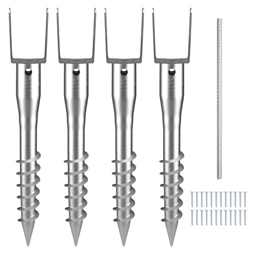 VEVOR Ground Screw, No Dig Ground Anchor 4 Pack 3.94 x 2.76 x 27.56 in DIY Screw in Stake, Includes 6 Lag Bolts & a Rebar, U-Shape Heavy Duty Steel Post Holder, Great for Mailbox and Fence Posts