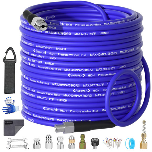 NIFUAL 100FT Sewer Jetter Kit for Pressure Washer, 5800PSI Drain Cleaner Hose 1/4 Inch NPT Corner, Rotating and Button Hose Sewer Jetting Nozzle Waterproof Tape Pearl Corsage Pin Spanner Glove