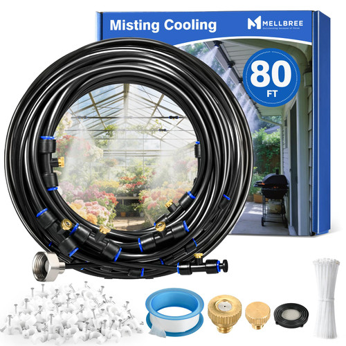 Mellbree Misters for Outside Patio 80FT/24M, Pre-Assembled Misting Cooling System with 24 Brass Nozzles & 3/4" Adapter, Outdoor Mister for Garden, Backyard, Pool, Greenhouse, Play Zone, Trampoline