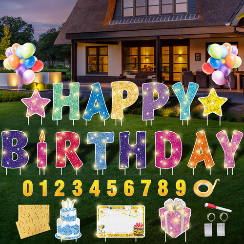 Rtshuok 18Pcs Happy Birthday Yard Sign with Stakes,Led Light,16" Lawn Decor