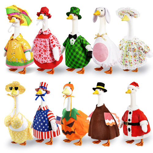 10 Set Porch Goose Outfits for 23" Lawn Goose Statue,All Seasons Goose Clothes Bundle with Valentine St Patrick Easter Spring Floral Raincoat Summer Patriotic Halloween Thanksgiving Christmas Costumes