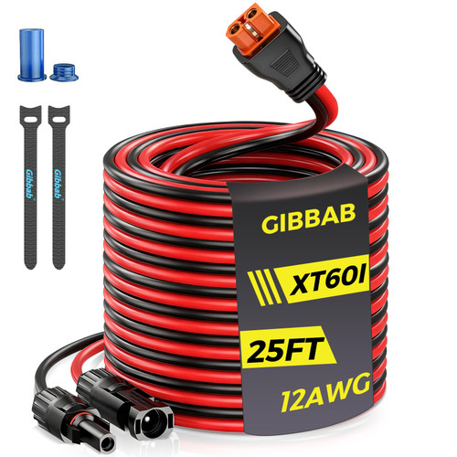 25FT 12AWG Solar to XT60i, Gibbab 3 6 10 16 20 25FT Solar Panel Connector to XT60i-F Adapter Extension Charging Cable with Caps & Wire Ties for LiFePO4 Battery RV Portable Power Station Generator