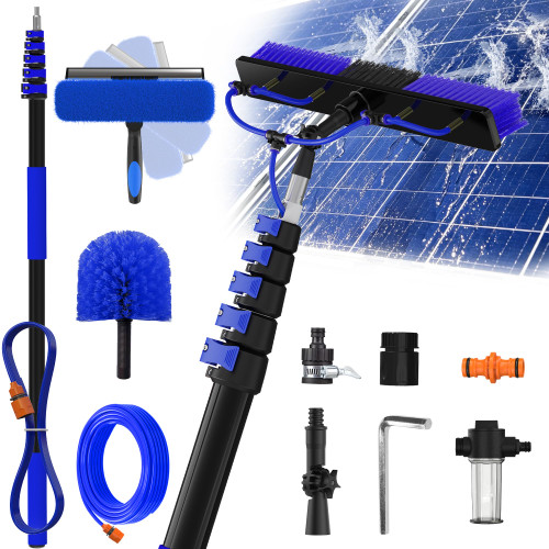 Buyplus 30FT Reach Solar Panel Cleaning Brush Kit with 5-24FT Telescoping Pole, Water Fed Window Cleaner Tool with 20" Brush, Soap Dispenser, Cobweb Duster, Squeegee for Roof, RV, Gutter, Deck,Blue