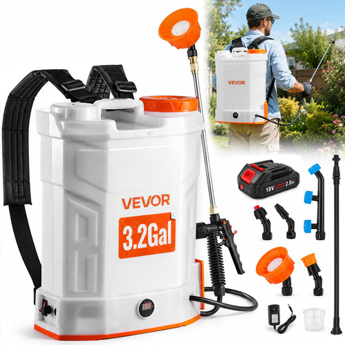 VEVOR Battery Powered Backpack Sprayer 3.2 Gal, Powerful Electric Sprayer, Weed Sprayer for Garden and Lawn, Adjustable 0-90 PSI, 2 Retractable Wands & 5 Nozzles, Yard Sprayer