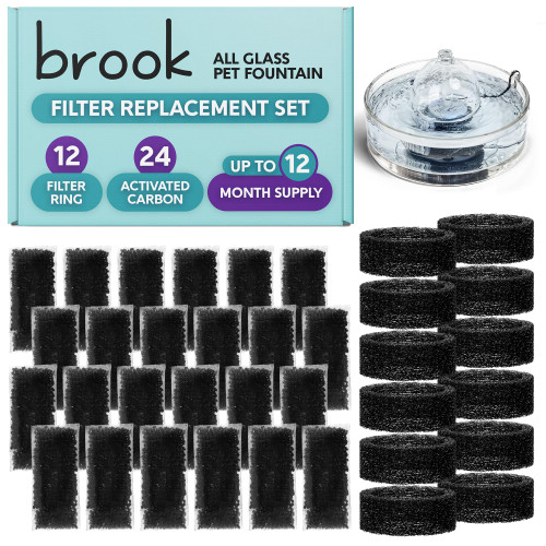 BROOK Glass Pet Fountain Filter Replacement Set – 12 Filter Rings & 24 Activated Carbon Pouches – Up to 12 Month Supply Replacement Filters Set for BROOK Cat Fountain