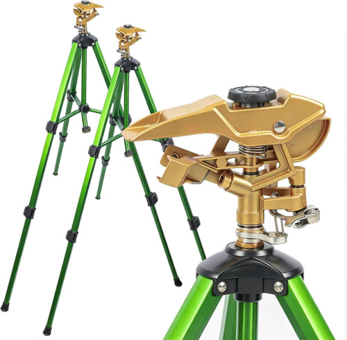 LIULO TOOL 2 Pack Large Impact Sprinkler on Tripod Base, Heavy Duty Zinc Alloy Sprinkler for Yard with Adjustable Head and Extendable Tripod, 360 Full Coverage Irrigation Tool for Lawn Garden