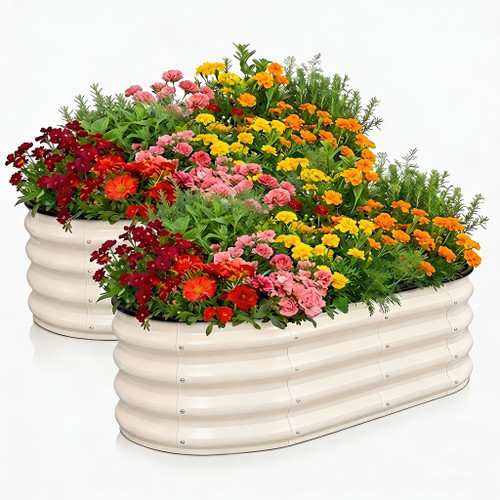 GRASQUILINE Galvanized Raised Garden Bed Outdoor 4x2x1 ft 2 Pack Oval White
