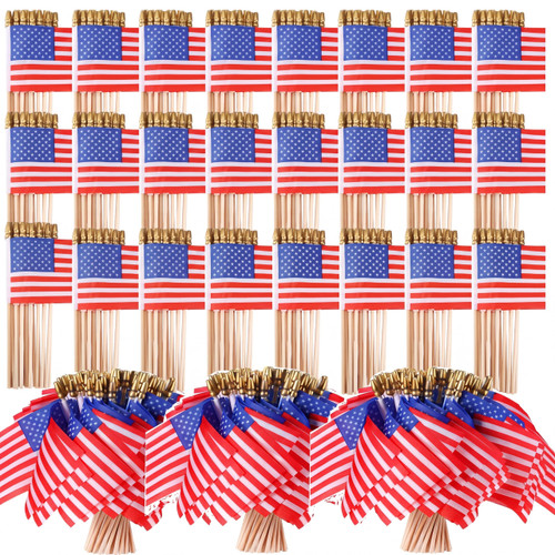 Batiyeer 500 Pcs Small American Flags on Stick with Golden Spear Tops