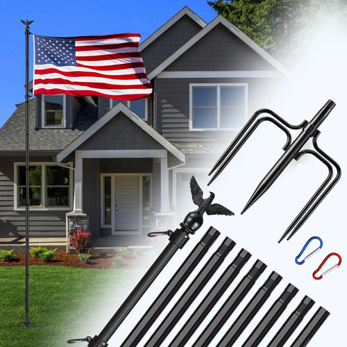 LETSTRY 12 FT In-Ground Flag Pole for Outside House, Heavy Duty Wind Resistant Flagpole with Upgraded 5-Prong Base,Portable Mount Flapoles Kit for Yard, Garden Decor, Residential Commerical, Black