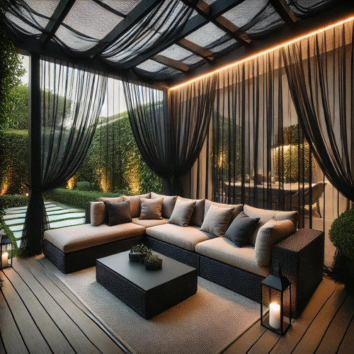 Draphelle 10 x 10 Outdoor Black Tulle Backdrop Curtains Waterproof Voile Sheer Screen Breathable Mash Netting Light Filtering Privacy Curtains for Patio Porch Yard Pergola Gazebo, 2 Panels