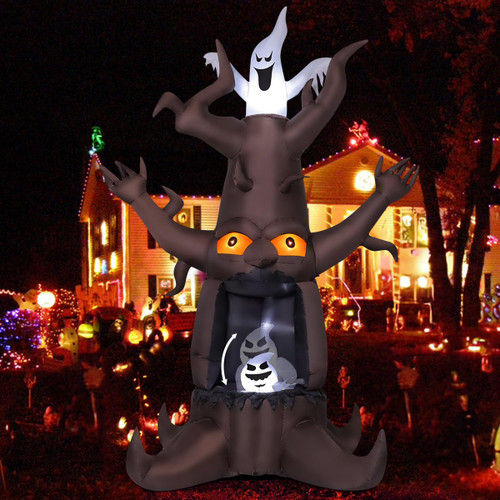 GOOSH 9 FT Halloween Inflatable Animated Dead Tree Outdoor Decorations Blow Up Yard Scary Tree And White Ghost With Built-In LEDs For Outdoor Garden Lawn Party Decor