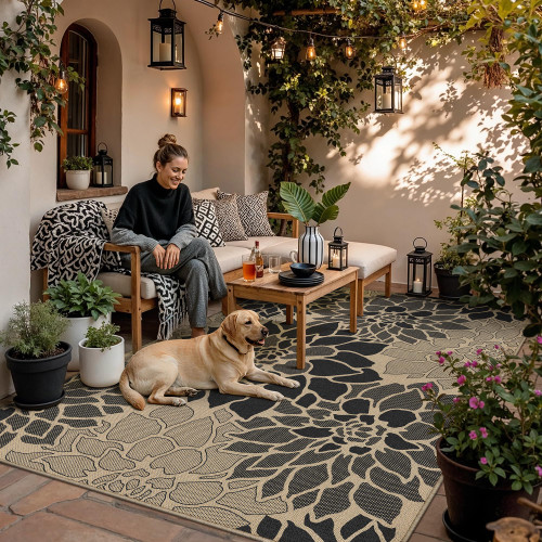 PureCozy 5x8 Black Easy Jute Outdoor Rug Floral Farmhouse Carpet