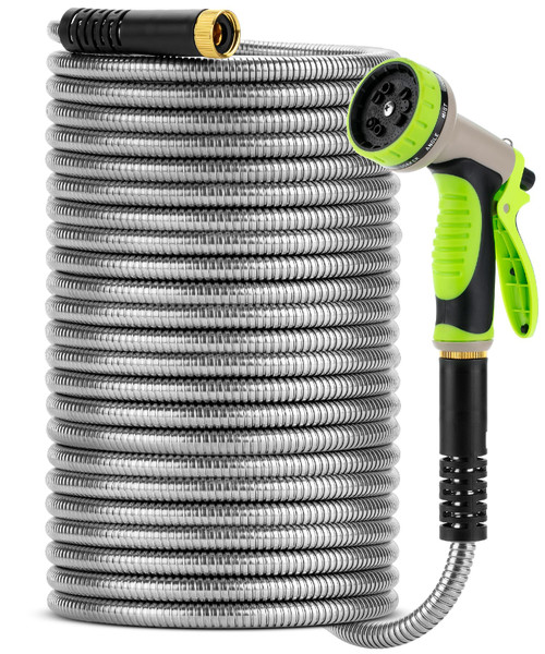 UNCO- Metal Garden Hose with 10 Functions Spray Nozzle, 100 Feet, No Kink