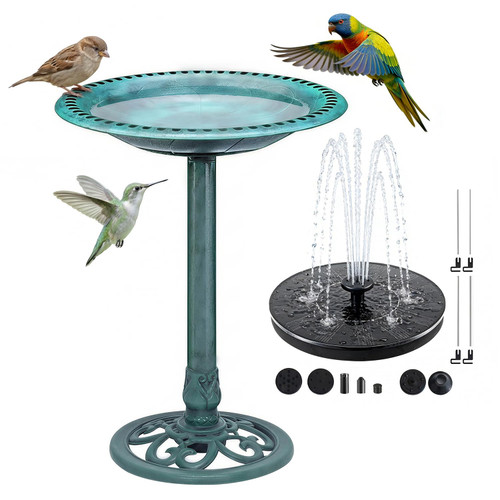 Bird Bath with Solar Fountain, 20in Green Bowl for Outside Garden Yard Lawn