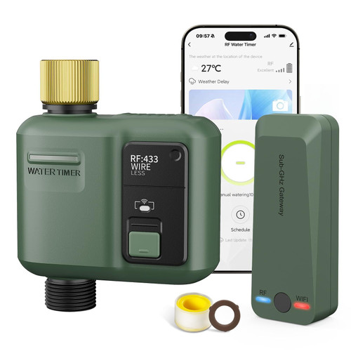 WiFi Water Timer for Garden Hose, Smart Sprinkler Controller with 984ft RF Range, Smart Lawn Watering System Irrigation Timer, APP/Voice Control, Rain Delay, Manual Irrigation (Brass Inlet)