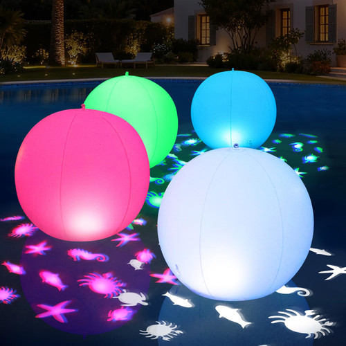 Pooldecor Floating Pool Lights Solar Powered, 15" Solar Pool Light that Float w/Sealife Patterns, Inflatable Color Changing Glow Globes IP68 Waterproof, Decoration for Pools Pond Party(4)