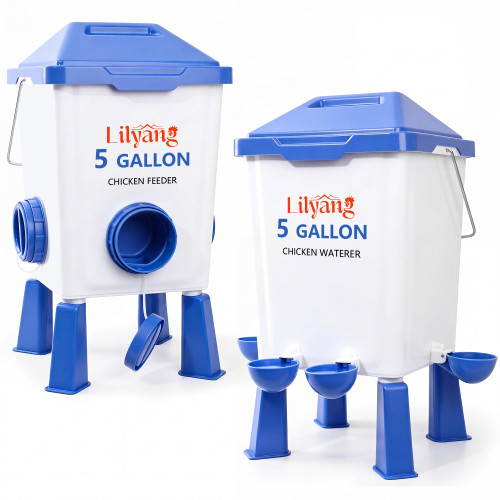 Lilyang Large Chicken Feeder and Waterer Set 5 Gallon, Weekly Refills Only