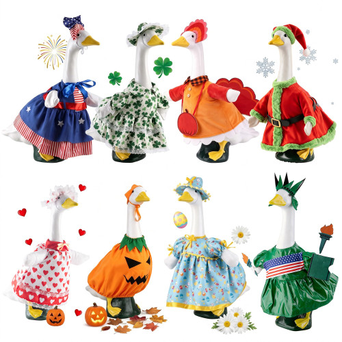 8 Sets Porch Goose Outfits Clothes All Seasons Bundle for Halloween Christmas Valentines Day Easter 4th of July Thanksgiving St. Patrick's Day Statue of Liberty for 23 inch Porch Goose Lawn Yard Decor