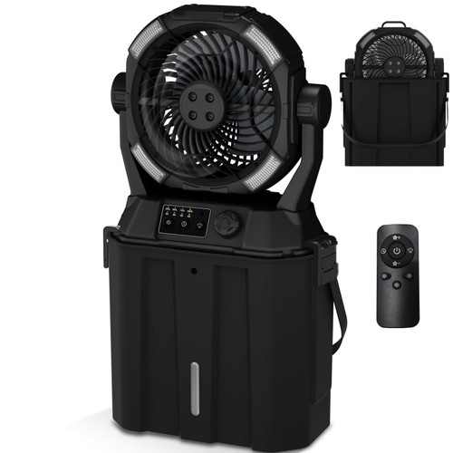 Wilody Portable Misting Fan Rechargeable with Remote Control, 6L Bucket Camping Fan with LED Lights & Stepless Speed Control & Cooling Mist, Portable Handle & Rotate Hook, Timer Function
