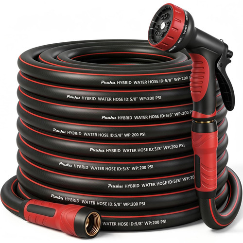 Garden Hose 50ft x 5/8", NON-EXPANDABLE Heavy Duty Hose with Nozzle