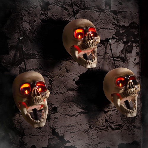 Halloween Animatronics Floating Scary Skull, Hanging Animated Decorations, Pathway Markers Skeleton with Sound Activated, Talking, Light Up Eyes, Haunted Horror Prop for Indoor, Outdoor (3Pack)