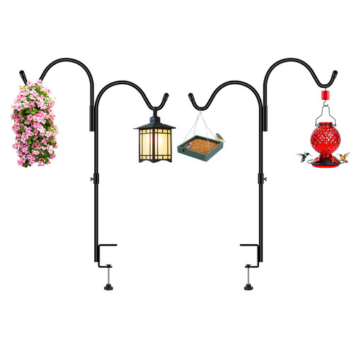 Gtongoko 35 Inch 2 Pack Double Deck Hook for Railing, Deck Bird Feeder Pole with 3 Inch Strengthened Clamp for Hanging Bird Feeders, Lanterns, Wind Chimes, Flower and Plant Baskets