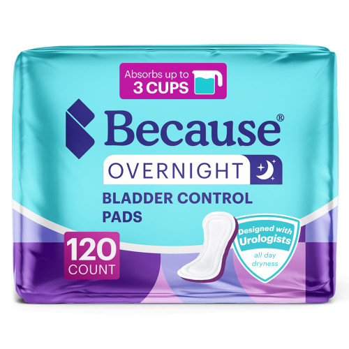 Because Overnight Incontinence Pads for Women – Moderate-to-Heavy Absorbency for Nighttime Use, Long-Length Protection, 120 Count, New Version