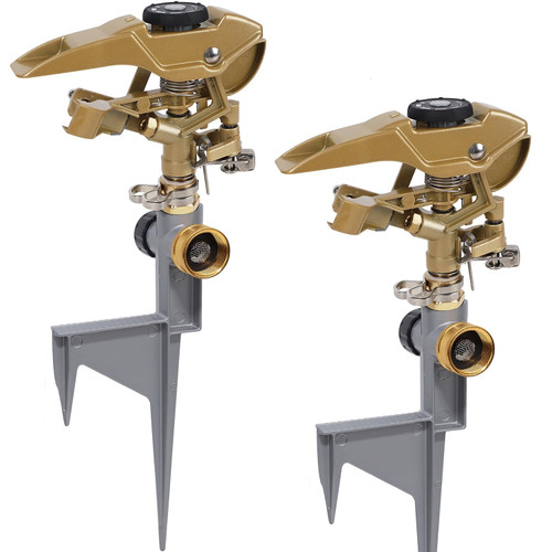 Biswing 2 Pack Impact Sprinklers on Metal Step Spike, Heavy Duty Zinc Alloy Lawn Sprinkler Head on Spike Base, Adjustable 360 Degree Watering Sprinkler for Large Area Grass Garden Irrigation