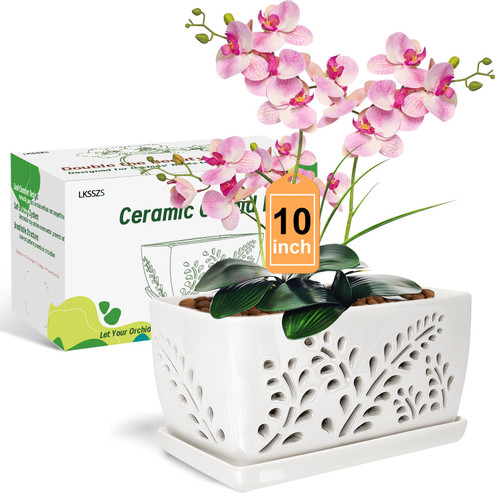 LKSSZS Ceramic Orchid Pot, 10 Inch Orchid Pots with Holes, Premium Thickened Handmade Glazed Pot for Orchidaceae Plants, Indoor Outdoor Decorative Flower Pots for Easy Repotting