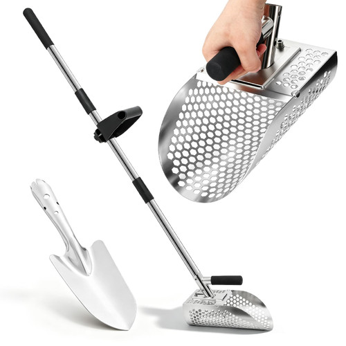 Long Handle Sand Scoop, Stainless Steel Shovel Scoop for Metal Detecting for Adults, Shovel Underwater Treasure Hunting, Adjustable Length, Handheld with Long Steel Handle Pole Design, 45 Inches