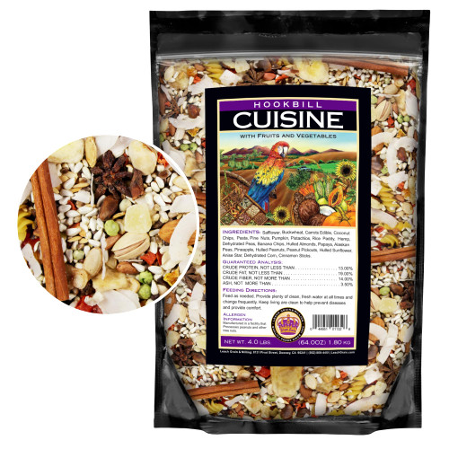 Large Hookbill Cuisine 4 Lbs, Parrot Food for Large Birds with Premium Mixed Fruits and Vegetables, Bird Seed for Large Parrots, Cockatoos & Macaws, Supports Brain, Growth and Healthy Balanced Diet