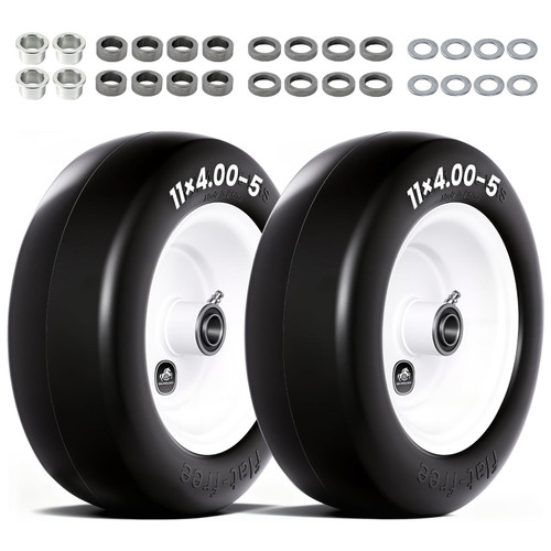 QILINGLORY 11x4.00-5 Flat Free Lawn Mower Tire & Wheel with 3/4" Bearing Bore, with 5/8" bearing sleeves, Fits Zero Turn Mower, Garden Tractor, 350 lbs Capacity, 90% Polyurethane Sold Tires, 2-Pack