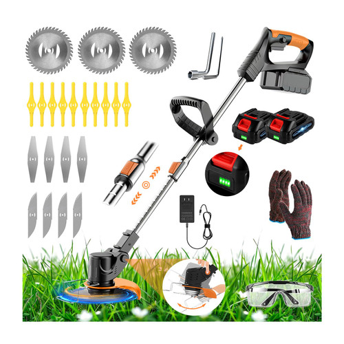 21V Electric Weed Wacker Cordless Weed Wacker Eater Lightweight Grass Trimmer with 4 Types Blade & Fast Charger & 2x2000mAh Batteries Brush Cutter for Garden Lawn Yard Black