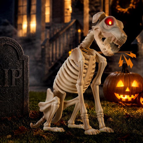Halloween Animatronic Skeleton Dog Decoration 15 Inch, Sound & Touch Activated Halloween Prop with Moving Jaw, Glowing Red Eyes and Creepy Barking Sound, Animated Graveyard Yard Haunted House Decor