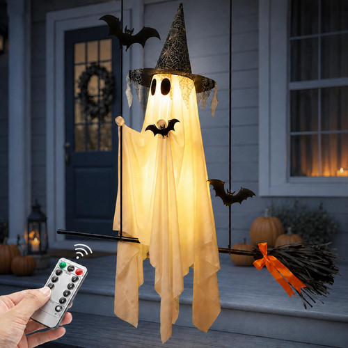Halloween Ghost Decor, 60 inch, with Witch Hat and Broom, 8 Lighting Modes