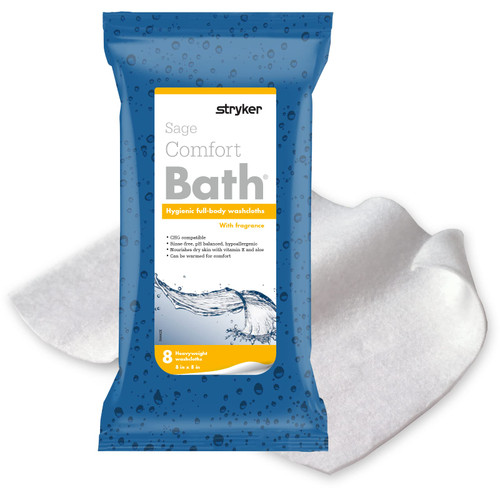 Stryker - Sage Comfort Bath Cleansing Washcloths - 6 Packages, 48 Cloths - Fresh Scent, No-Rinse Bathing Wipes, Ultra-Soft and Heavy Weight Cloth, Hypoallergenic