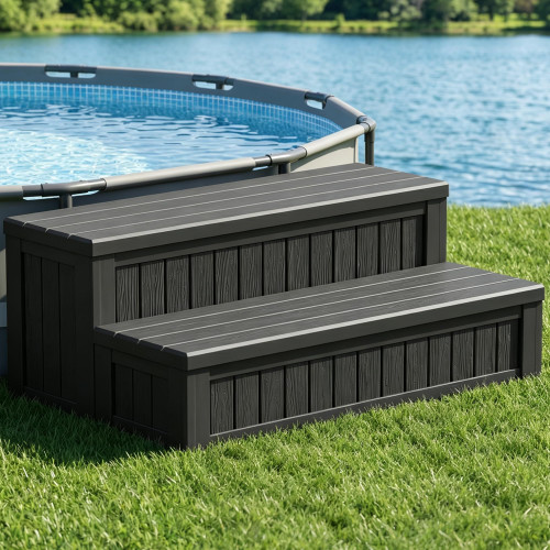 WTFGO Plastic Hot Tub Steps with Storage, Spa Steps Outdoor Stairs, 36.6 Inches Long - Non-Slip All Weather Top & Feet, 32 Gallon Capacity, Waterproof for Porch/RV/Deck, Sturdy Plastic Frame, Black