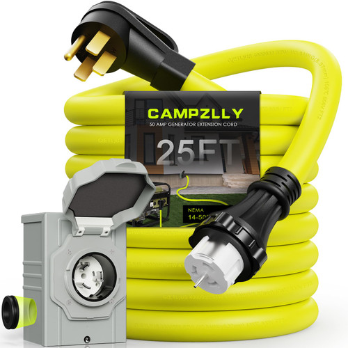 Campzlly 50 Amp Generator Cord 25FT and Power Inlet Box, NEMA 14-50P Male to SS2-50R 125/250V Twist Lock Connector With Pre-Drilled NEMA SS2-50P Inlet Box for House, ETL Listed