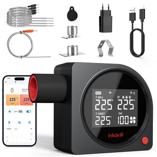 INKGRILL Smoker Temperature Controller for Big Green Egg, 5G WiFi & 164FT Bluetooth Automatic BBQ Fan with LCD Screen, 5 Probes, Overnight Cooking Grill Fan for Kamado, Weber, Ceramic Charcoal Grills