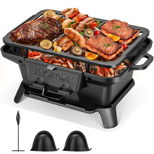 VIVOHOME Rectangle Cast Iron Charcoal Grill with Double-Sided Grate