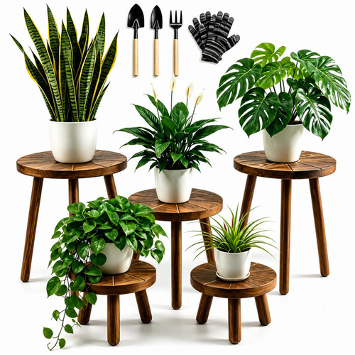 AMVAQKER 5-Pack Wood Plant Stands Indoor, Single Stool for 6-12 Inch Pot
