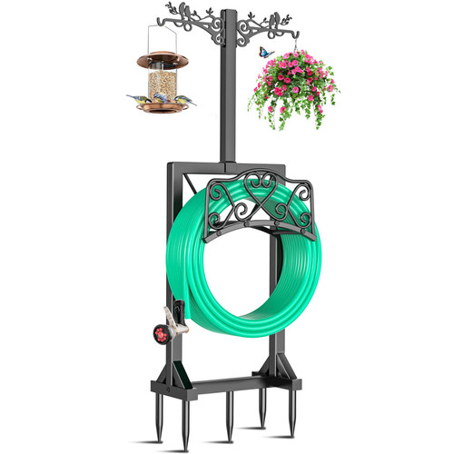 ODSNANIE Garden Hose Holder, Freedstanding Heavy Duty Garden Water Hose Holder Stand with 2 Shepherds Hooks, Detachable Metal Hose Storage Hanger Rack for Outside Yard Lawn Farm
