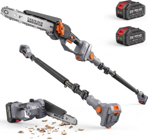 TaskStar 2-in-1 Pole Saw for Tree Trimming, 8-Inch Cordless Brushless Chainsaw with Adjustable Extension Pole, 2×4.0Ah Rechargeable Batteries & Charger, Auto Oiling, 15 Ft Max Reach
