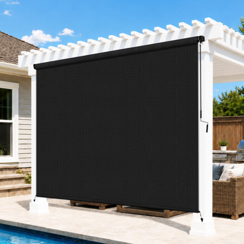 Breezombra 8'W x 8'H Black Patio Shades Roll up Outdoor Roller Shade Crank Wand Blind Cordless, 90% UV Blocking & Privacy Protection for Porch|Gazebo|Pergola|Backyard (2 Splicing Tube, 1 Fabric)