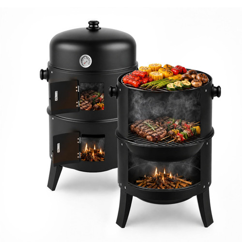 VINGLI 18 Inch Multi-Layer Charcoal BBQ Smoker Grill, Heavy Duty Round Grill, Vertical Smoker with Thermometer, for Outdoor Cooking, Patio, Parties, Backyard